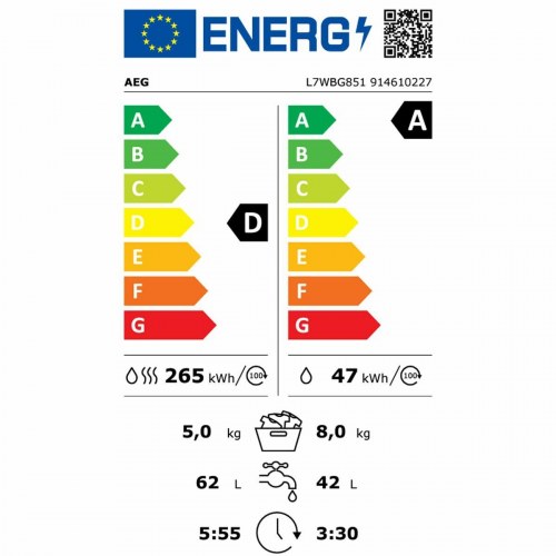 Vask/tørremaskine AEG L7WBG851, 1600 rpm, 8/5 kg, hvid