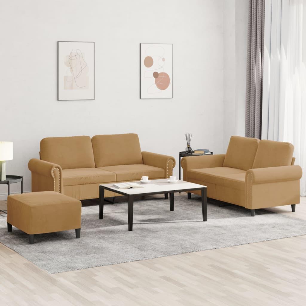 Sofasæt 3 dele med hynder velour brun