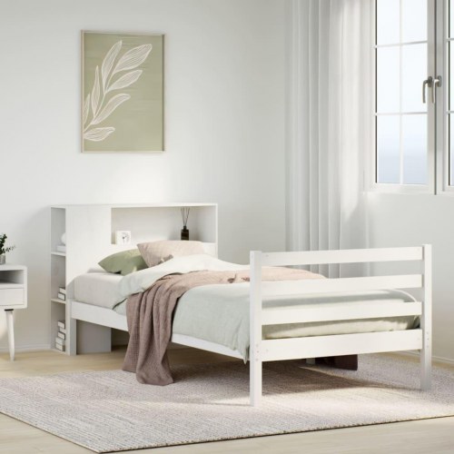 Seng med reol uden madras 90x200 cm massivt fyrretræ hvid