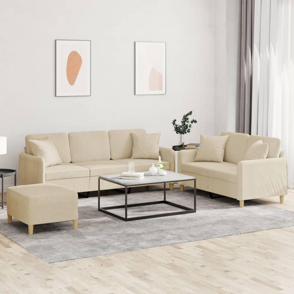Sofasæt 3 dele med puder stof cremefarvet