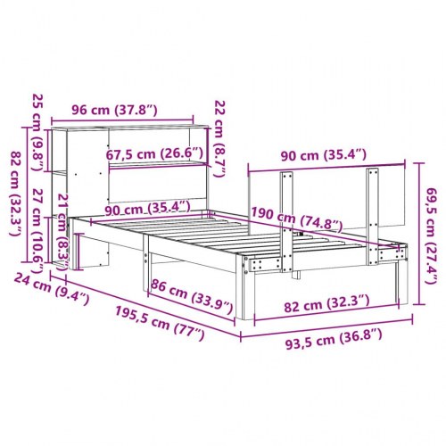 Seng med reol uden madras 90x190 cm massivt fyrretræ