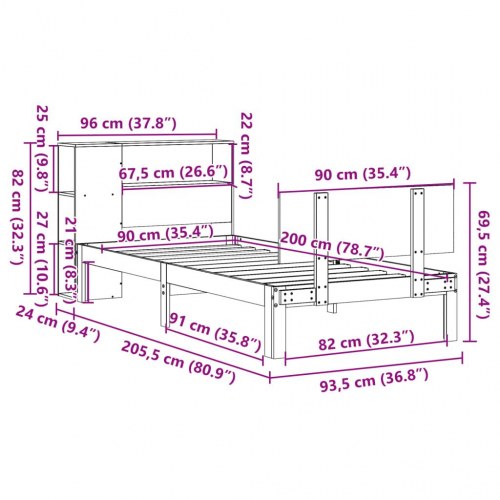 Seng med reol uden madras 90x200 cm massivt fyrretræ