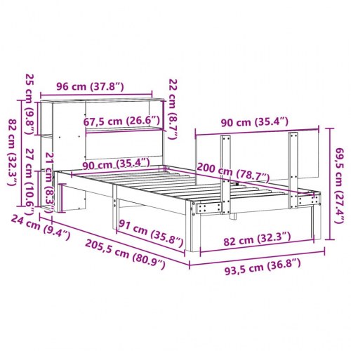 Seng med reol uden madras 90x200 cm massivt fyrretræ hvid