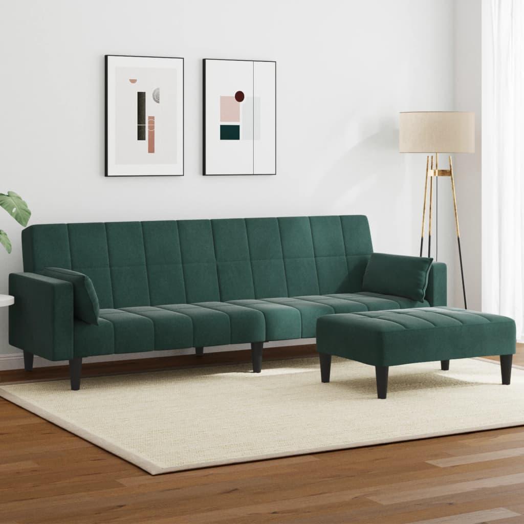 2-personers sovesofa med fodskammel i velour mørkegrøn