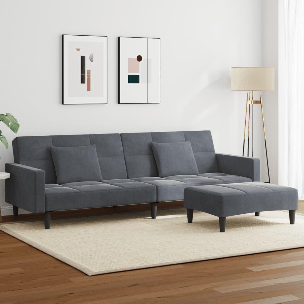 2-personers sovesofa med fodskammel i velour - mørkegrå