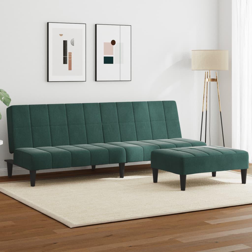 2-personers sovesofa med fodskammel i velour - mørkegrøn