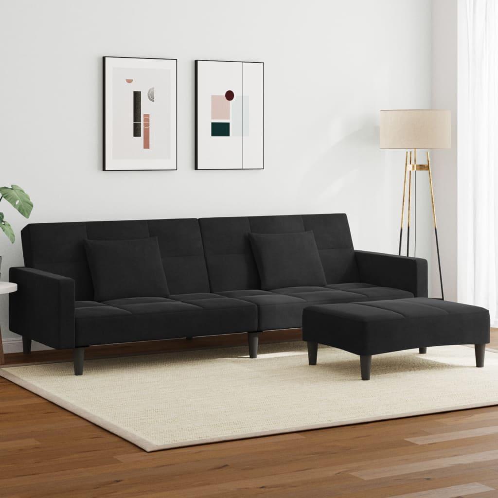2-personers sovesofa med fodskammel i velour sort
