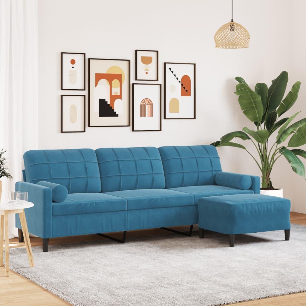 3-Personers Sofa Med Fodskammel Velour - 210 cm / Blå