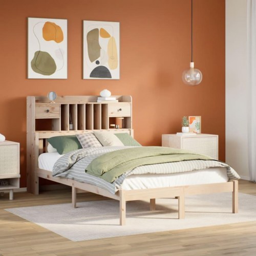 Seng med reol 135x190 cm - massivt fyrretræ, lamelbund