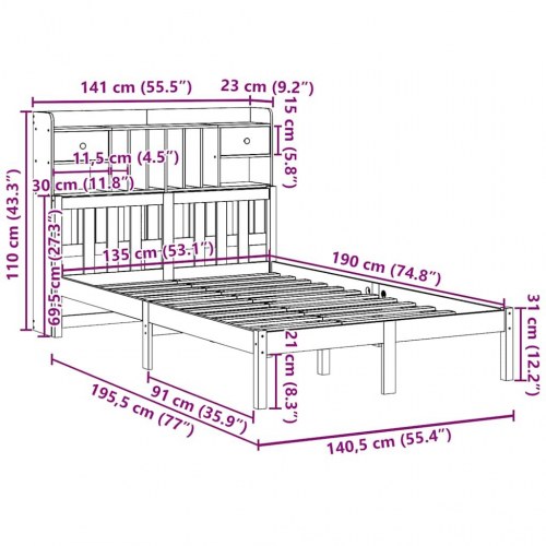 Seng med reol 135x190 cm - massivt fyrretræ, lamelbund