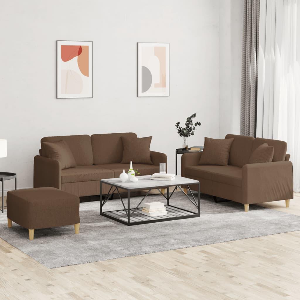Sofasæt i stof - 3 dele med puder og fodskammel, brun