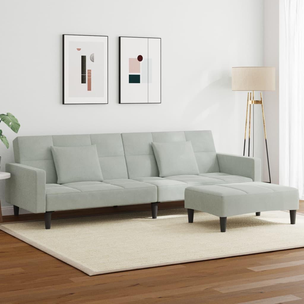 2-personers sovesofa med fodskammel i velour - lysegrå