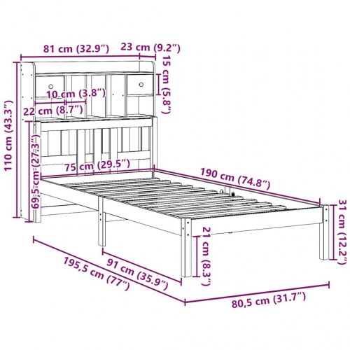 Seng med reol uden madras 75 × 190 cm - massivt fyrretræ