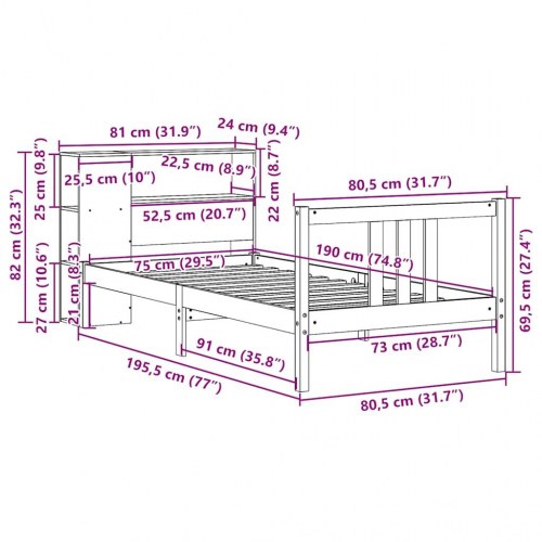 Enkeltseng med reol uden madras 75×190 cm - massivt fyrretræ