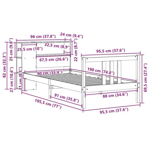 Seng med reol uden madras 90x190 cm massivt fyrretræ
