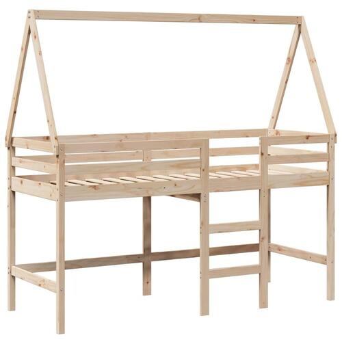 Højseng med stige og tag 90x190 cm massivt fyrretræ