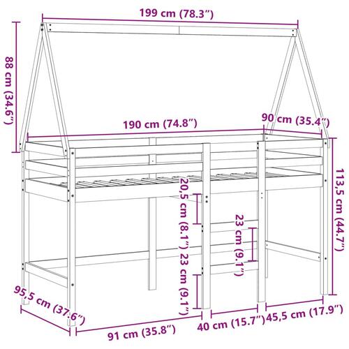 Højseng med stige og tag 90x190 cm massivt fyrretræ