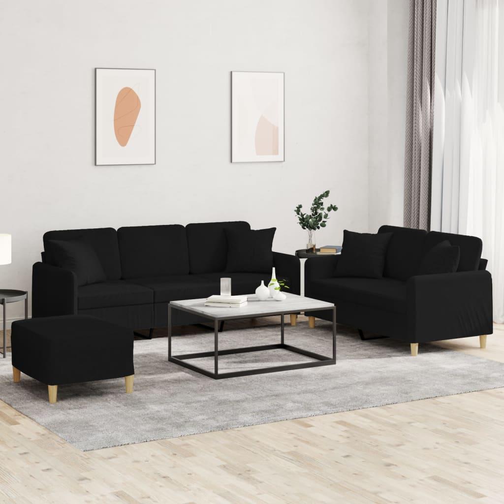 Sofasæt 2 Dele Stof - Sort / med puder og fodskamler