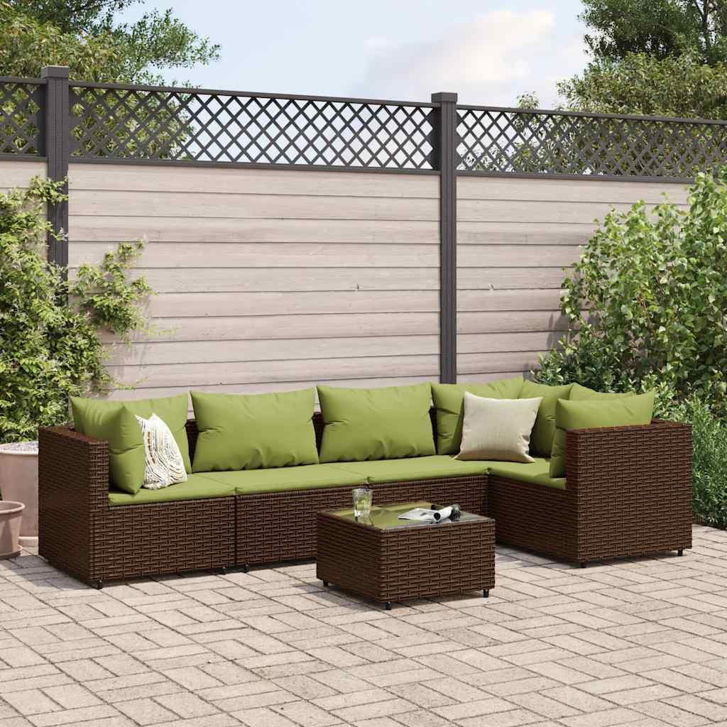 Loungesæt Til Haven 6 Dele Med Hynder Polyrattan - Brun og grøn / 2x hjørnedel 2x midterdel bord