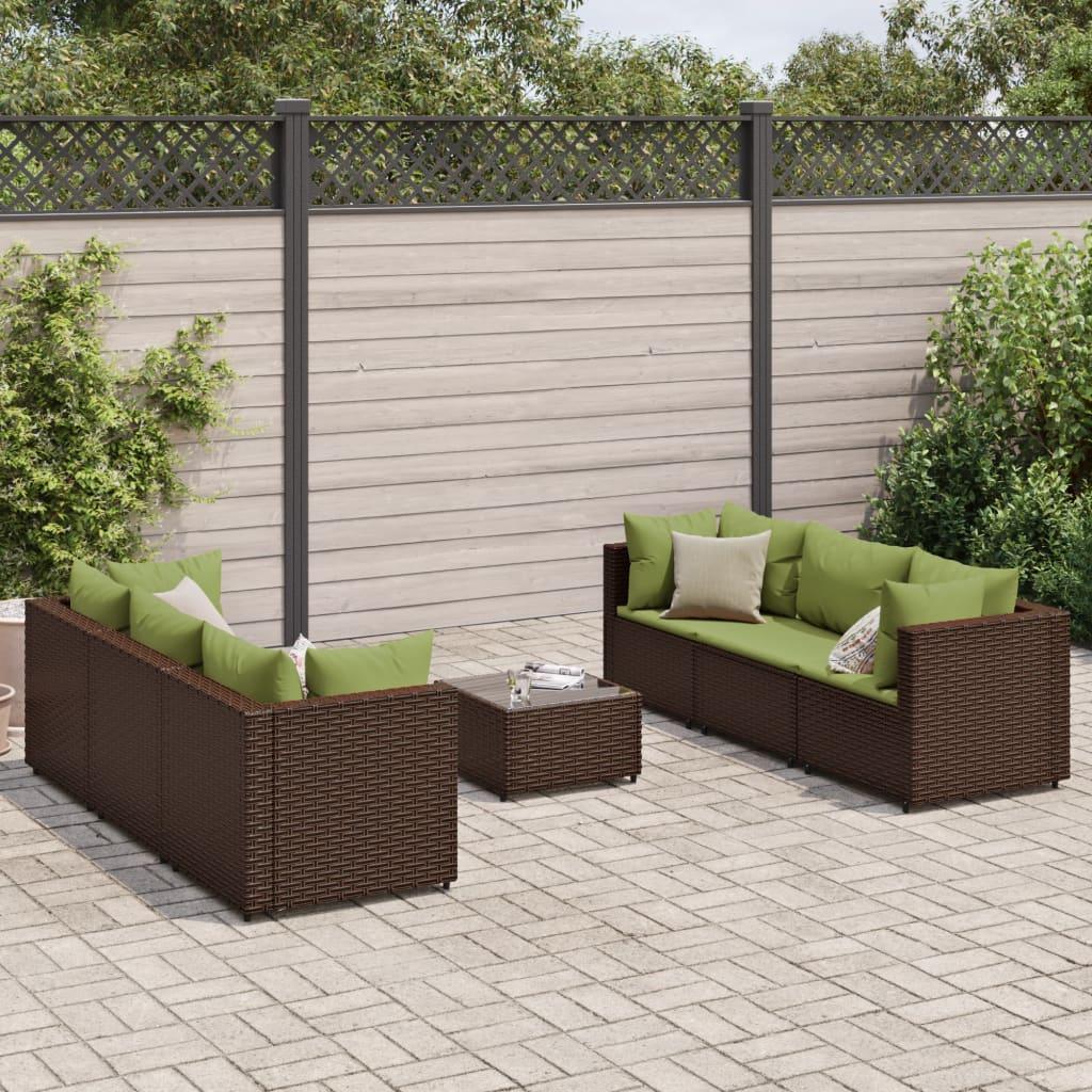 Loungesæt til haven 7 dele med hynder i polyrattan brun/grøn