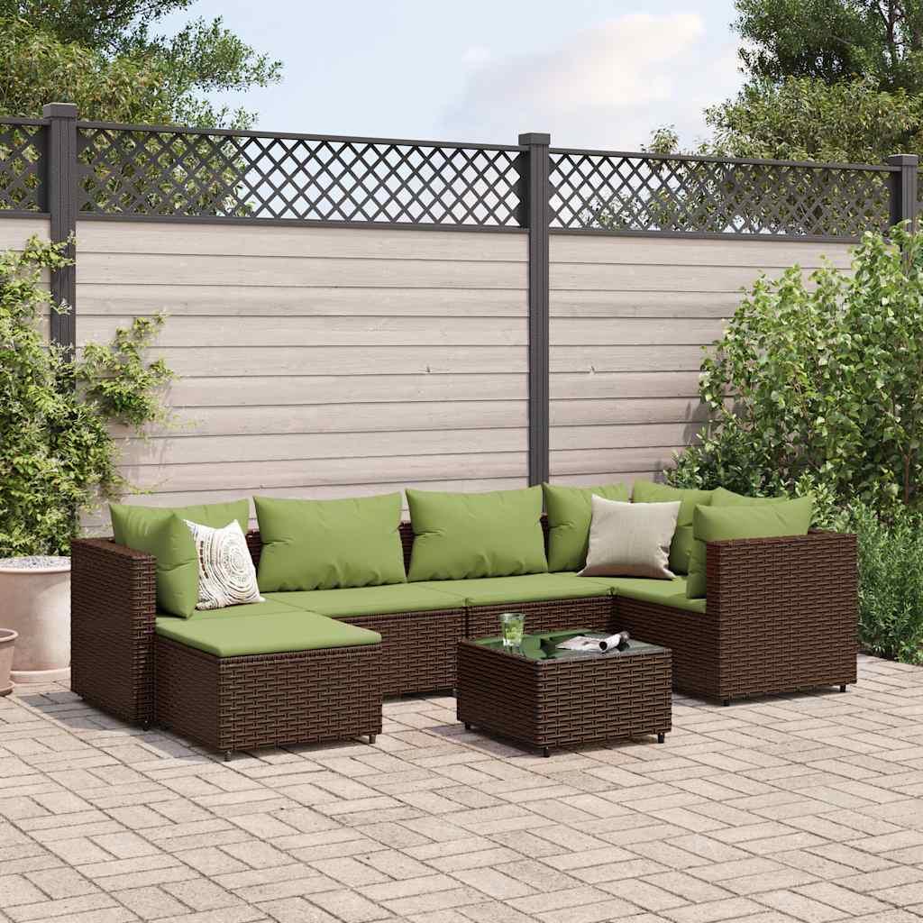 Loungesæt Til Haven 7 Dele Med Hynder Polyrattan - Brun og grøn / 3x corner 2x middle table footrest