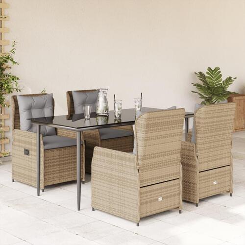 Spisebordssæt til haven 5 dele med hynder polyrattan beige