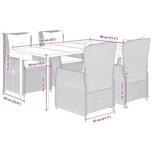 Spisebordssæt til haven 5 dele med hynder polyrattan beige