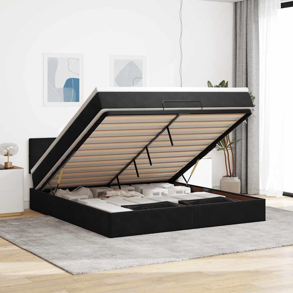 Osmannisk Sengeramme Med Madras Fløjl Sort - Blok med firkanter / 160 x 200 cm