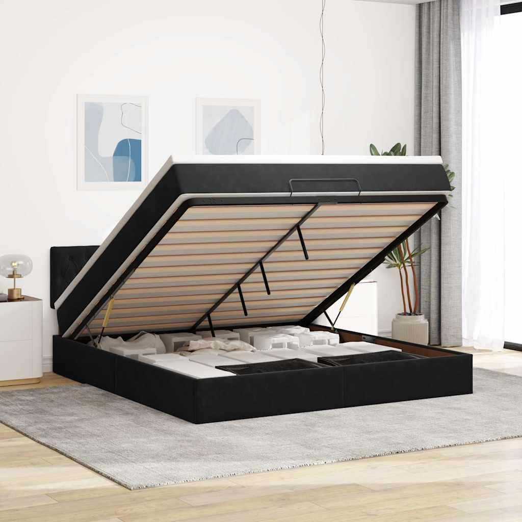 Osmannisk Sengeramme Med Madras Fløjl Sort - Med pynteknapper / 160 x 200 cm