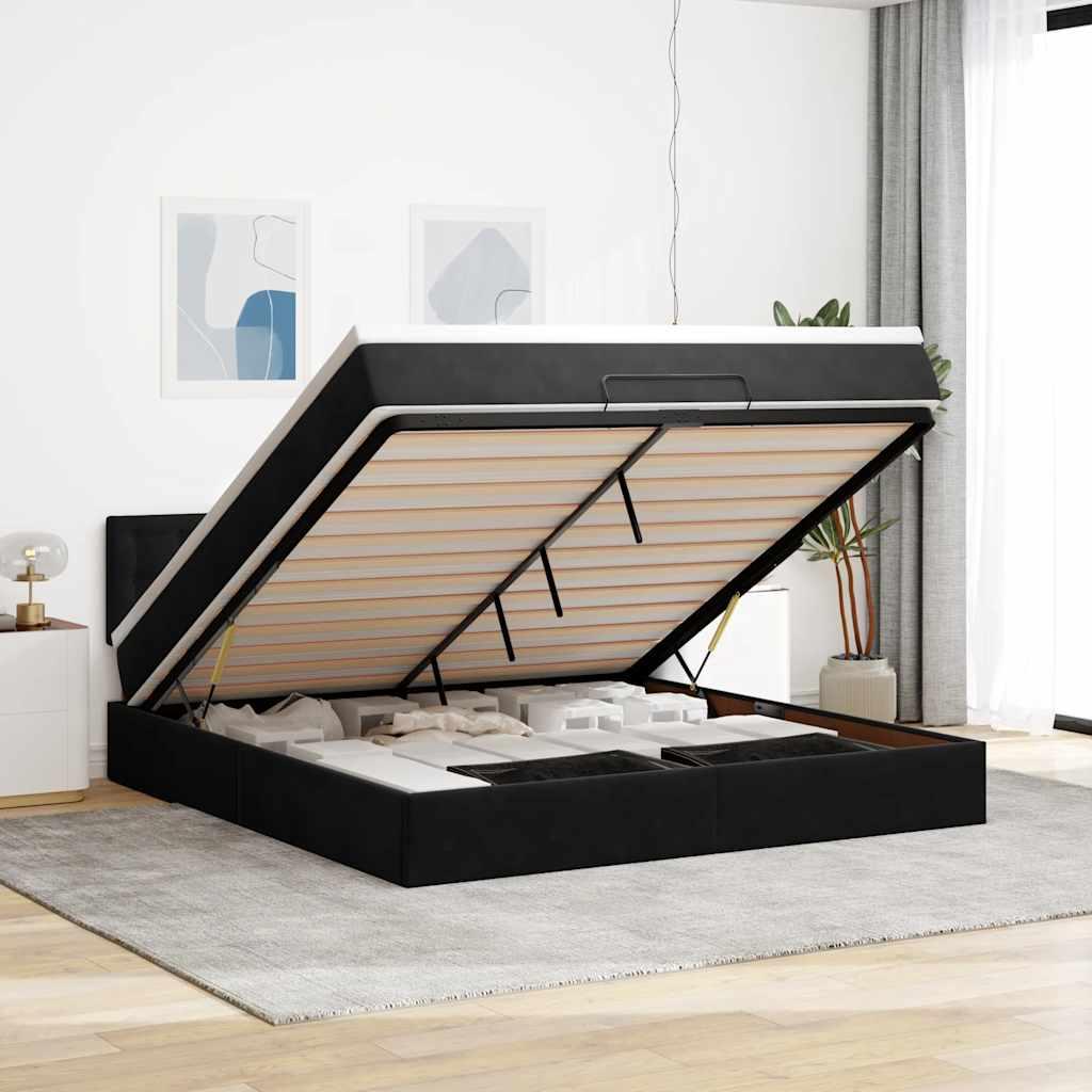 Osmannisk Sengeramme Med Madras Fløjl Sort - knapper / 160 x 200 cm