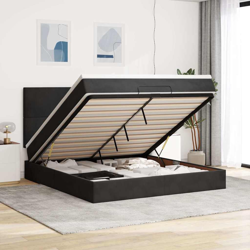 Osmannisk sengeramme med opbevaring inkl. madras og topmadras 160×200 cm - fløjl, sort