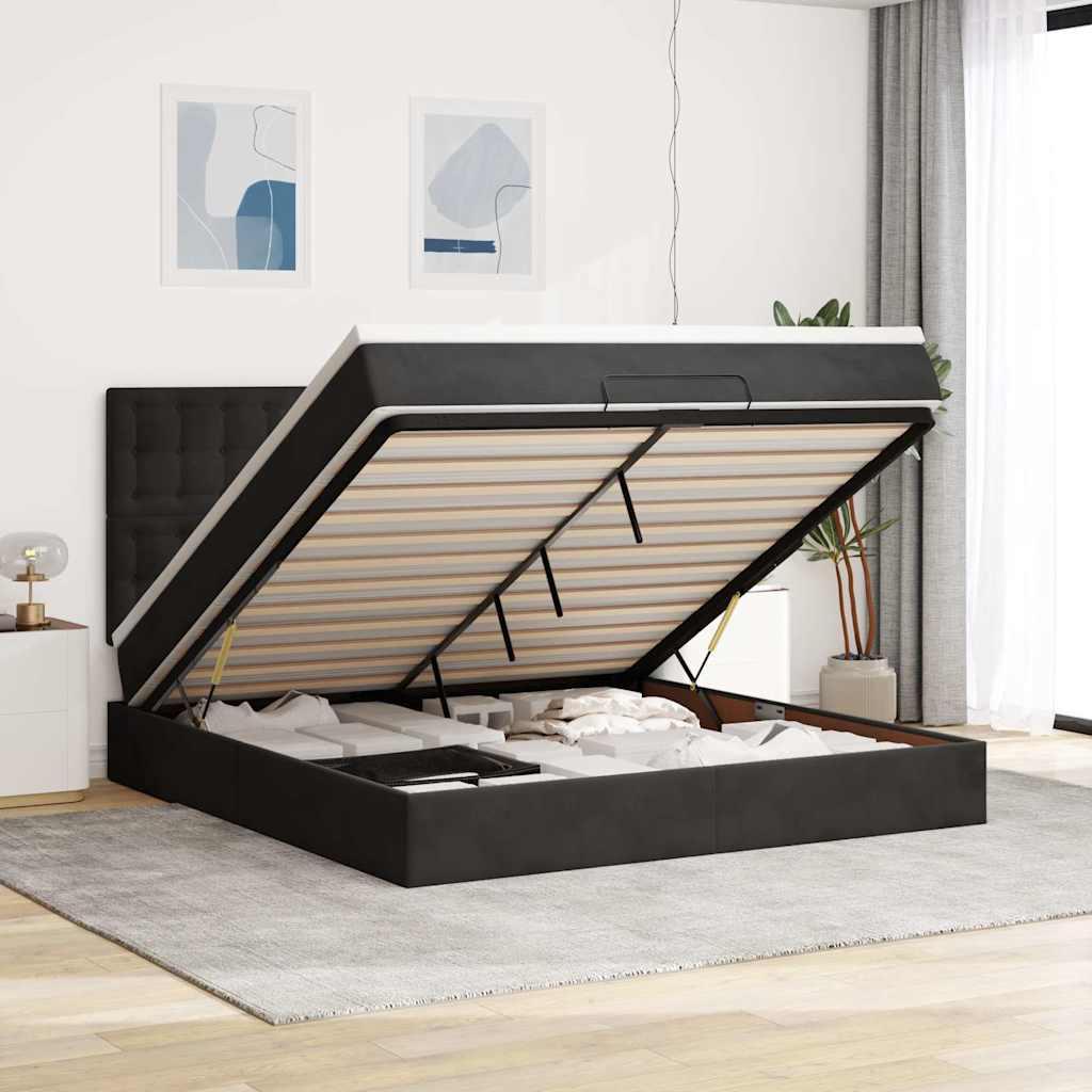 Osmannisk Sengeramme Med Madrasser Fløjl Sort - knapper / 160 x 200 cm
