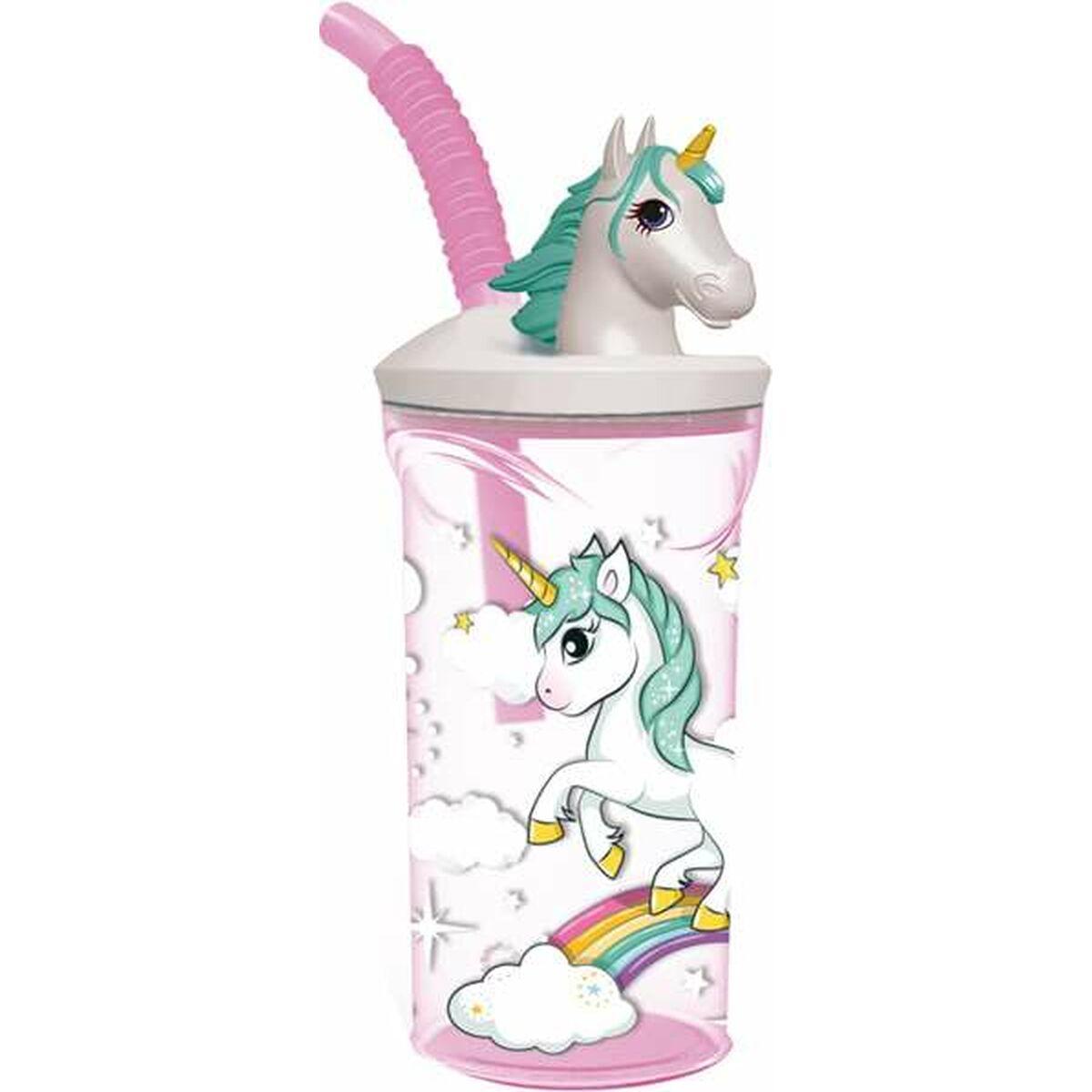 Stor kop med sugerør - Unicorn Rainbow, pink 360 ml