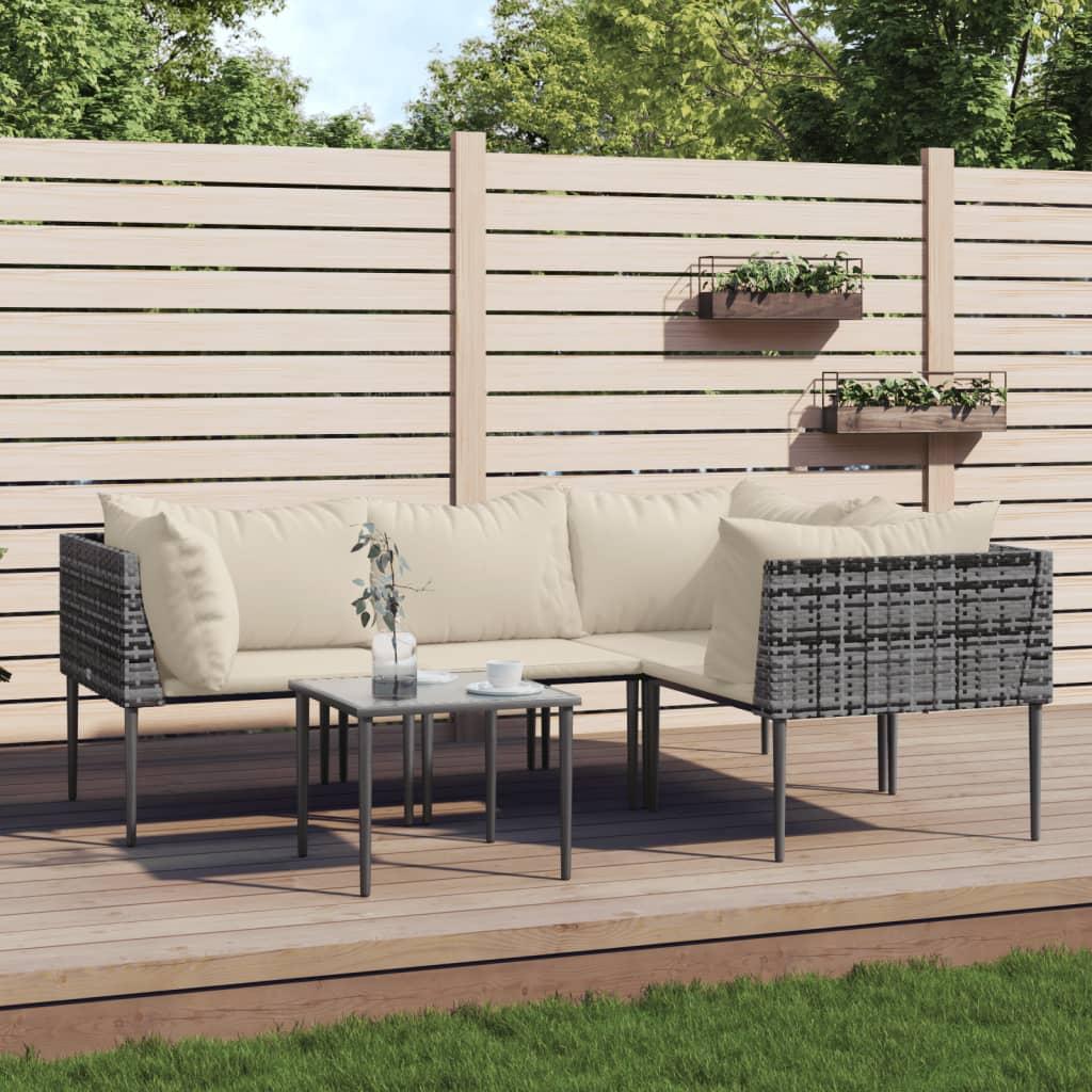 Loungesæt til haven - 5 dele i grå polyrattan med beige hynder