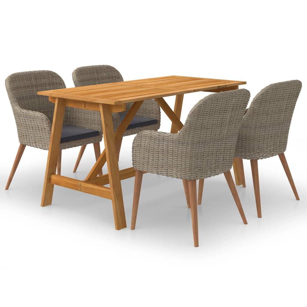 Spisebordssæt til haven - 5 dele, brun, akacietræ og polyrattan