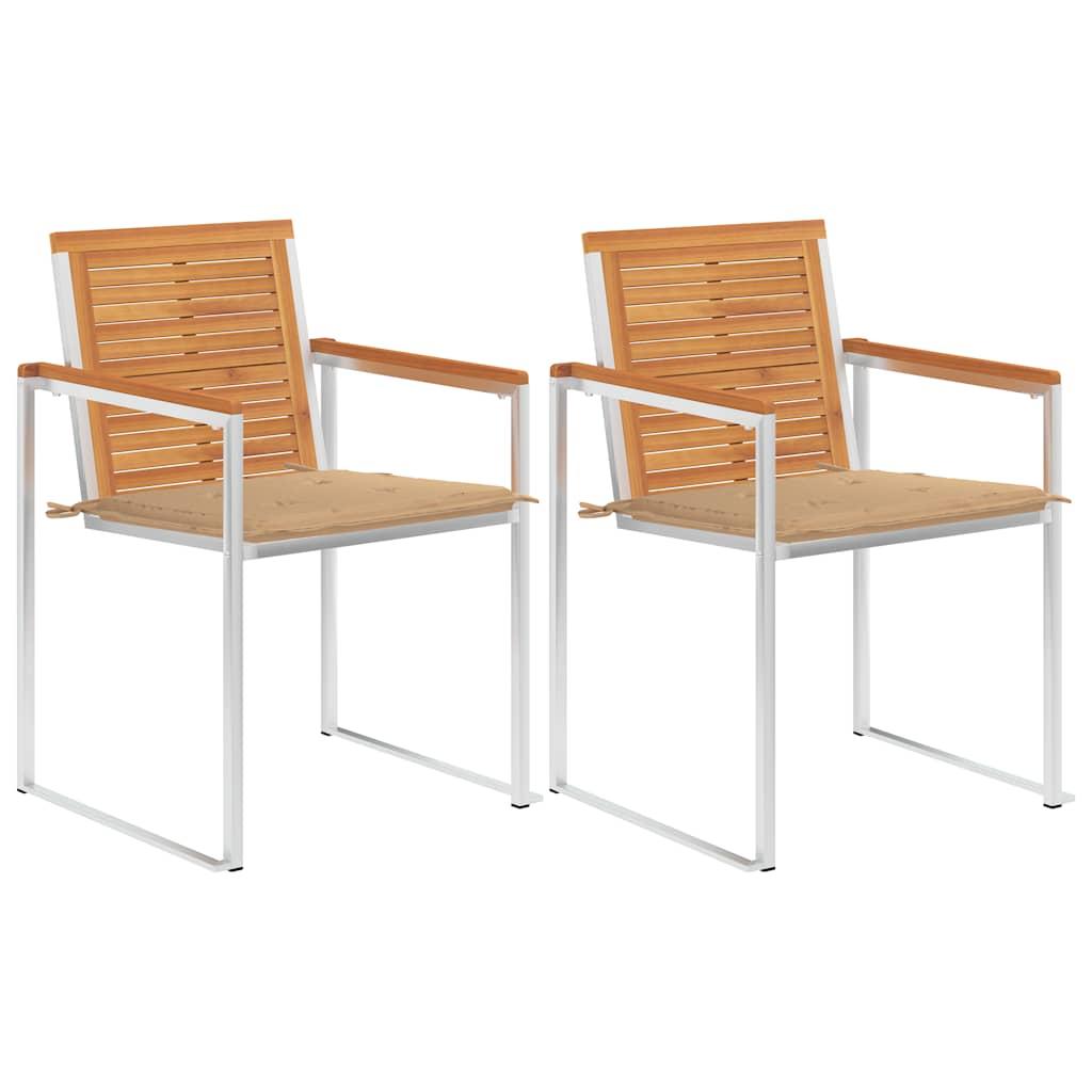 Havestole Med Hynder 2 Stk. Massivt Akacietræ Og Stål - 2 / Beige