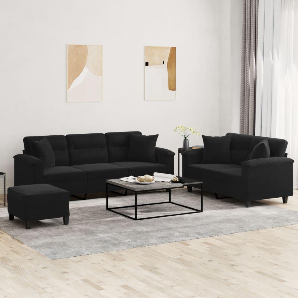 SofasÃ¦t 3 dele med puder mikrofiberstof sort