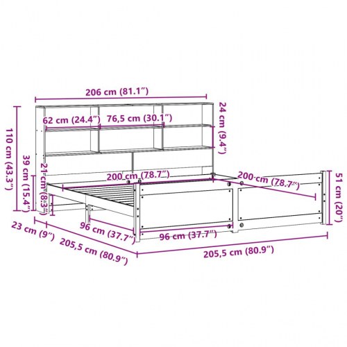 Seng med reol uden madras 200x200 cm massivt fyrretræ