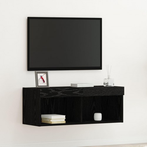 TV Væghylde med LED-lys Sort Eg 80x30x30 cm