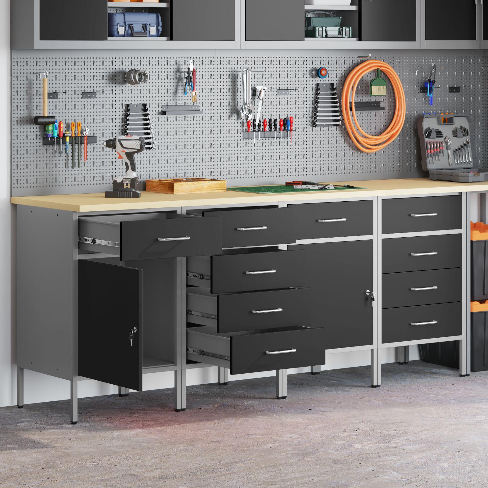 Arbejdsskab med skuffer - sort/grå 200 × 55 × 85 cm (4 moduler)