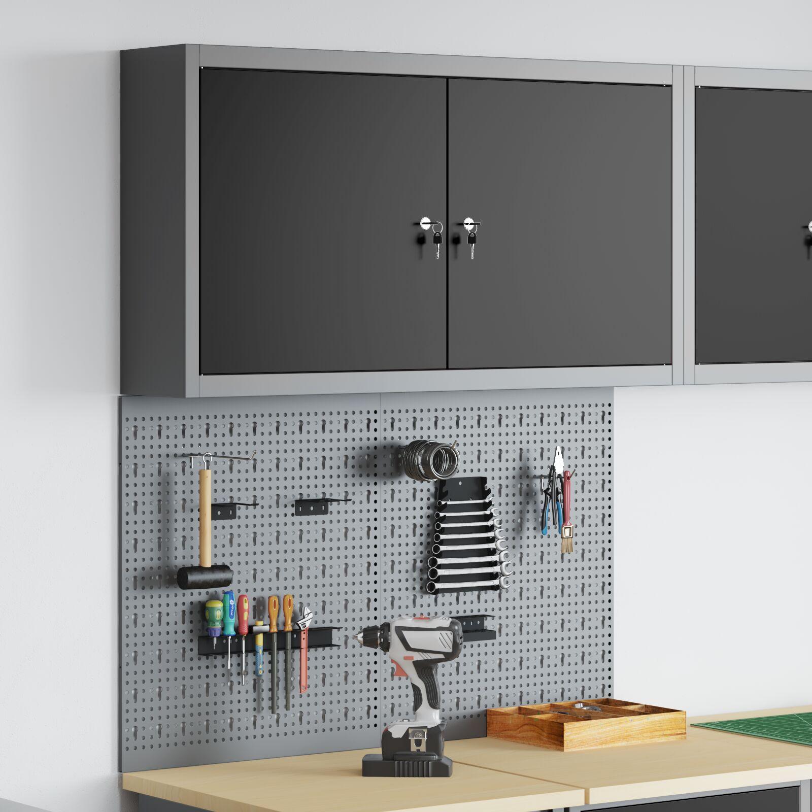 Værktøjsskabssæt med pegboard og hylde 3 stk. sort pulverlakeret stål