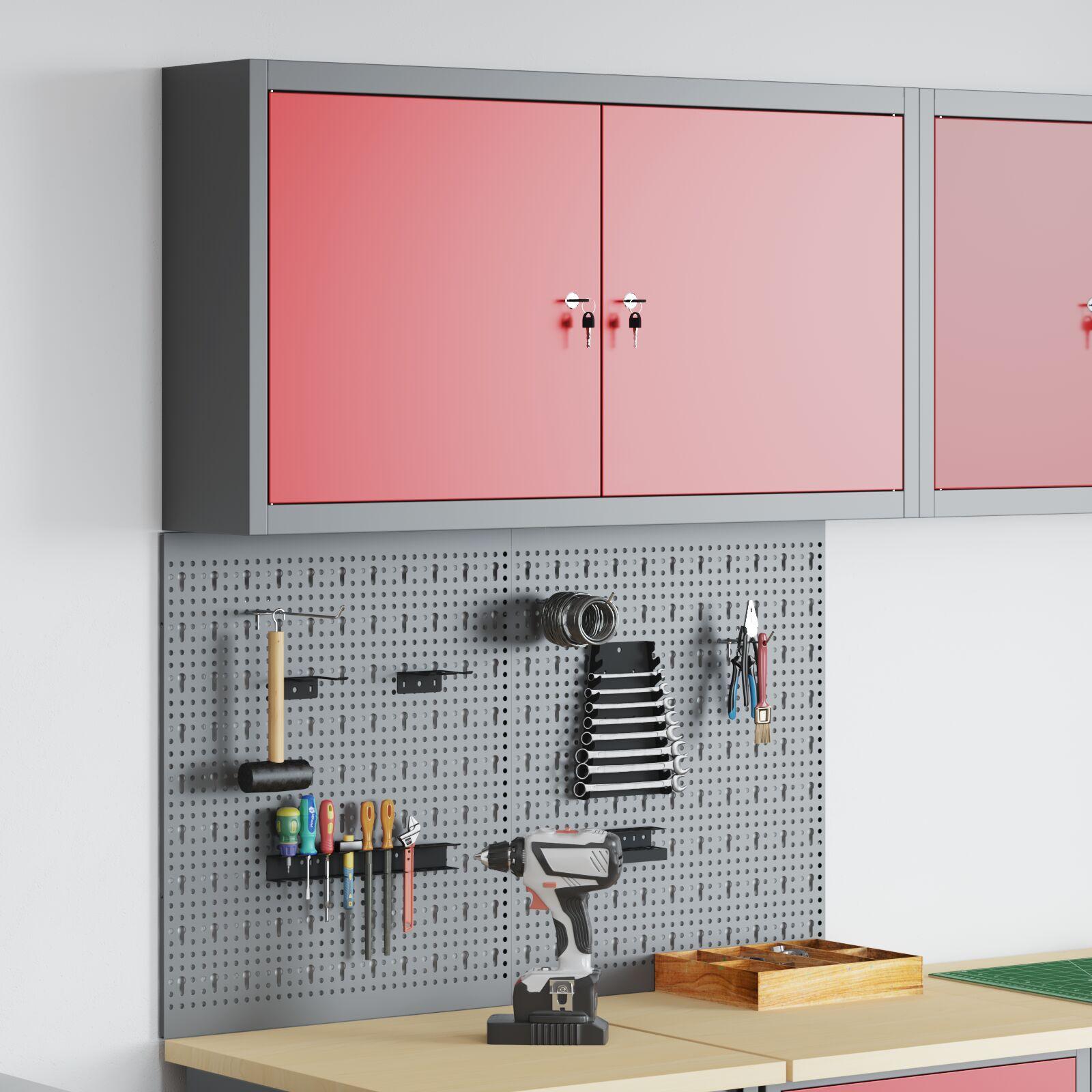 Værktøjsskabssæt med pegboard og hylde 3 stk. rød pulverlakeret stål
