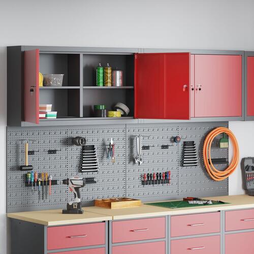 6 Deles Værktøjsskab og Pegboard Sæt Vægmonteret Rød Metal