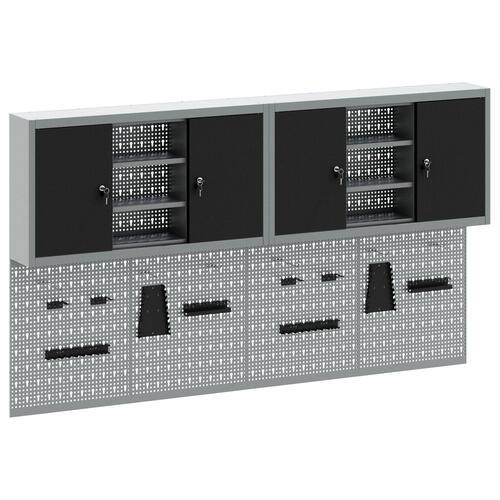 4-delt værktøjsskabs- og pegboard-sæt vægmonteret sort metal