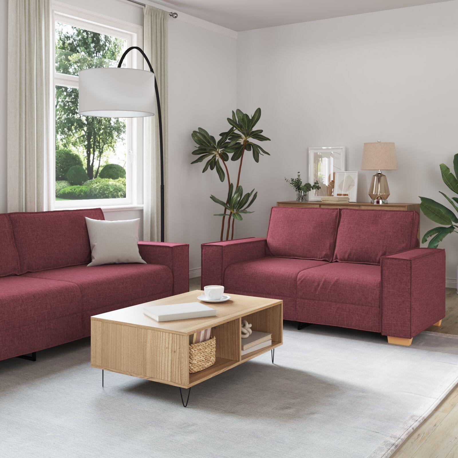 Sofa Sæt Med Pude Med Pude 3 Dele Vinrød 220 X 78 X 84 Cm Stof