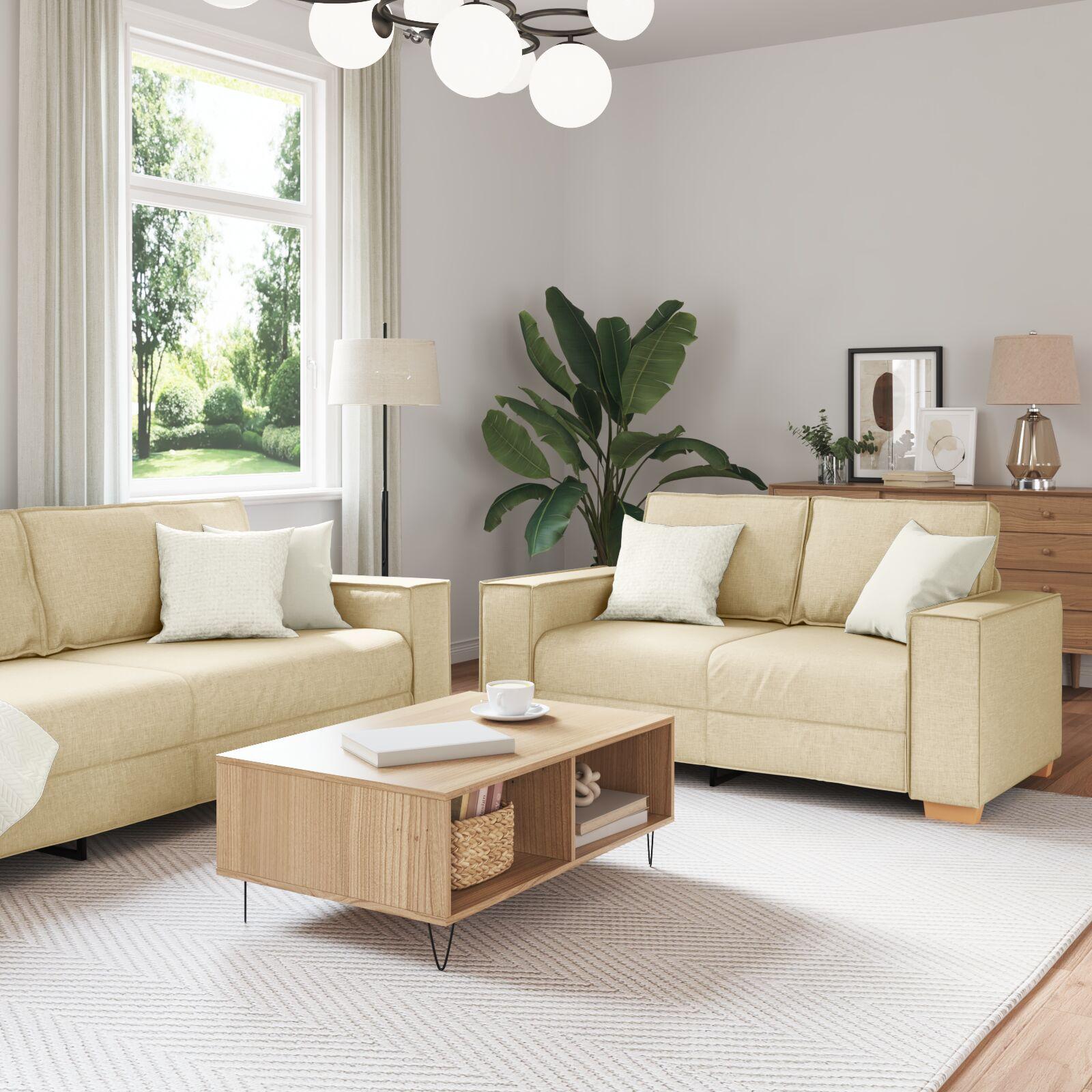 Sofa Sæt Med Pude Med Pude 3 Dele Creme 220 X 78 X 84 Cm Stof