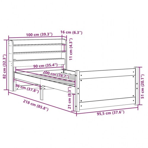 Sengeramme med sengegavl og hylder 90 x 200 cm - massivt fyrretræ