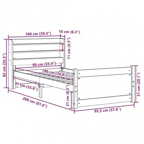 Sengeramme med gavl 90x190 cm - massivt fyrretræ med hylder