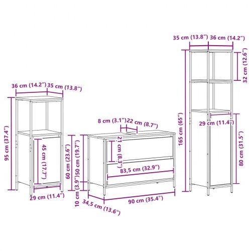 3-delt badeværelsesmøbel sæt i Sonoma eg konstrueret træ