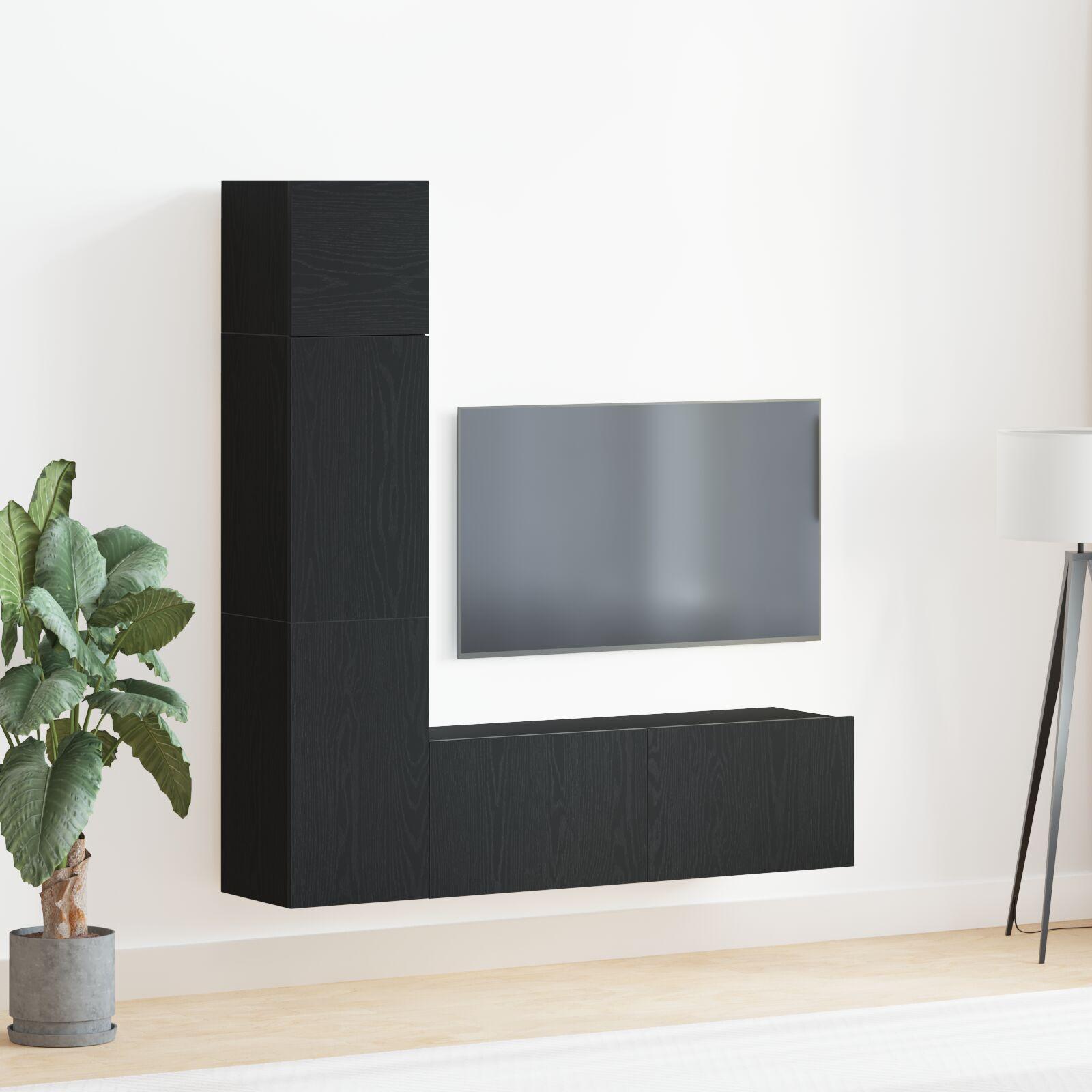Tv-Møbelsæt 4 Dele Sort Eg 130.5 X 30 X 140 Cm Konstrueret Træ